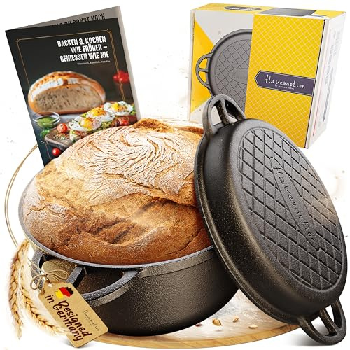 Flavemotion Gusseisen Topf Brotbackform - 26cm Schmortopf, Gusseiserner mit Deckel, Gusseisentopf Brot Backen Brottopf Bräter, Brotbacktopf backofenfest Dutch Oven Töpfe Gusseisenpfanne Kochtopf