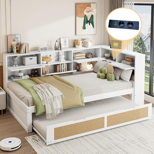 Dolamaní Bett 90x200 cm mit 90x190 cm Ausziehbett, Funktionsbett Tagesbett mit vielen Staufächern (Weiß)