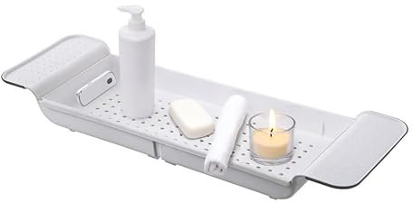 ADEPTNA Adjustable Bathtub Caddy Tray Expandable Bath Rack Tray Retractable Bathroom Shelf with Drain Holes Multipurpose Holder for Wine Glass Book Tablet Candle Bathroom Kitchen Accessories (WHITE)