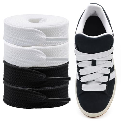 Shecret Cordones Gruesos para Adidas Campus 00s, Pack de 2 Pares, Cordones Planos Anchos de 15mm, Cordones de Reemplazo para Zapatillas - Negro & Blanco