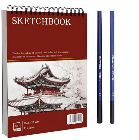 Skizzenbuch A4, Zeichenblock A4 mit 2 Bleistifte, Malblock Din A4, Robustes Hardcover Sketchbook, Zeichenbuch, Zeichenpapier, Ideal für Skizzen, Zeichnungen und Notizen, 40 Blatt, 110 g/m²