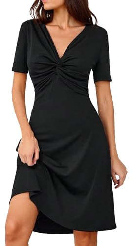 Fiohiros Robe midi noire pour femme, robe d'été midi à col en V, robe chemise à manches courtes, robe élégante et décontractée pour funérailles, Noir , L