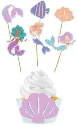 Folat 23937 Decorazione di compleanno a forma di sirena blu con glitter iridescenti - Set di Decorazioni per Cupcake - Mermaid Magic - 6 sets - Decorazioni a tema Sirenetta