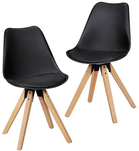 FineBuy Design Esszimmerstühle 2er Set Schwarz Skandinavische Stühle mit Holzbeinen, Retro Stuhlset Kunststoff, Küchenstühle mit Kunstleder, Lehnenstuhl Modern, Küchenstuhl Esszimmer