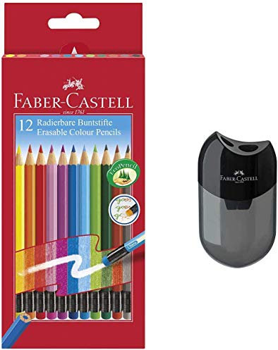 Faber-Castell Radierbare Buntstifte mit Gummitip, 12er Kartonetui + Doppelspitzdose