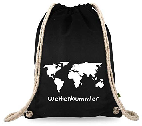 Turnbeutelliebe® Turnbeutel mit Spruch - Weltentdecker - Verschiedene Motive - Baumwolle schwarz - Sportbeutel - Rucksack - ca. 12 Liter - 37 x 46 cm