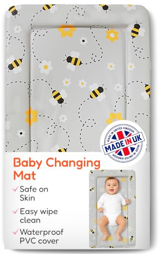 Babycurls Baby Changing Mat with Foam Raised Soft Edges for Babies from Birth Upwards Wipe Clean and Waterproof Nappy Change Pad 76 x 45cm (Grey Bee)