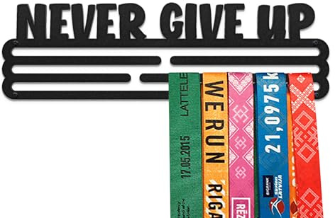 United Medals Never Give Up Sports Medal Hanger Display | Steel Holder Rack | Wall Mount Frame