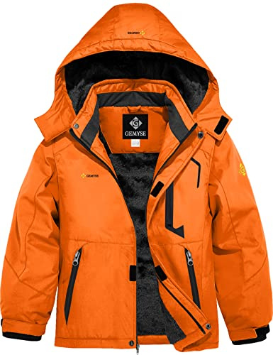 GEMYSE Veste de Ski Enfant Garçon Blouson Hiver Chaud avec Capuche Imperméable Coupe-Vent et Doublure Polaire(Orange,152-158)