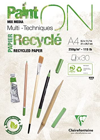Clairefontaine 975741C - Block Paint'ON, geleimt, DIN A4, 30 Blatt Recycling-Papier weiß 250g, perfekt für Trocken- und Nasstechniken, 1 Stück