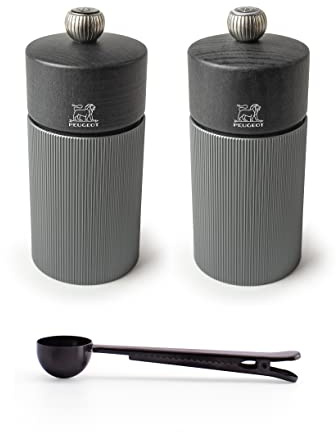 Peugeot Line Manual Salt & Pepper Mill Gift Set Carbon Graphite Aluminum, 12 cm - 4.75 With Stainless Steel Spice Scoop/Bag Clip (Salt & Pepper Mills w/Scoop)