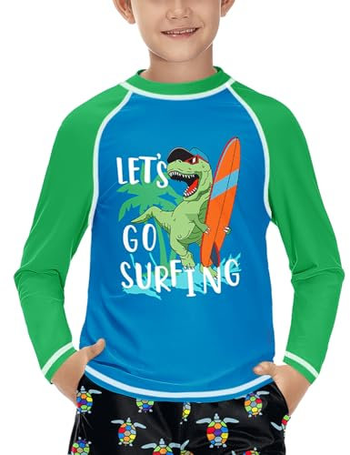 Jungen Langarm UV Shirt Sonnenschutz Schnelltrocknend Rundhals Rashguard Dinosaurier-Grün & Blau 130