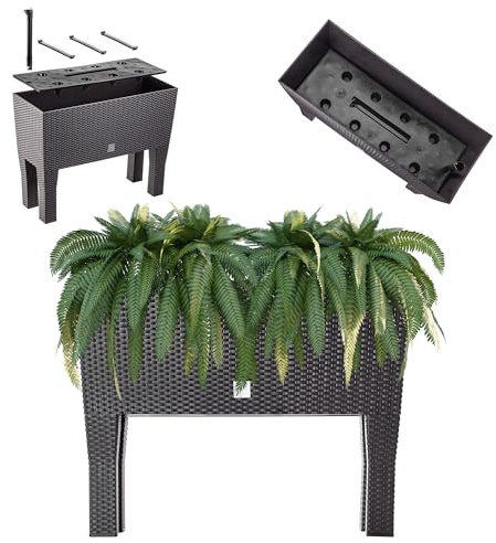 KADAX Blumentopf auf Beinen, Hochbeet aus Kunststoff in 2 Größen, Pflanzkasten in Rattanmotiv, Blumenkasten für Garten, Balkon, Terrasse, Pflanztrog, Kräuterbeet (80cm / Dunkelbraun)