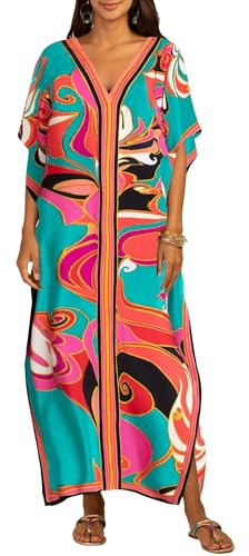 Bsubseach Women Plus Size Kaftan Dress Swimsuit Cover Up Caftan Maxi Beach Dresses Cover Ups Cyan