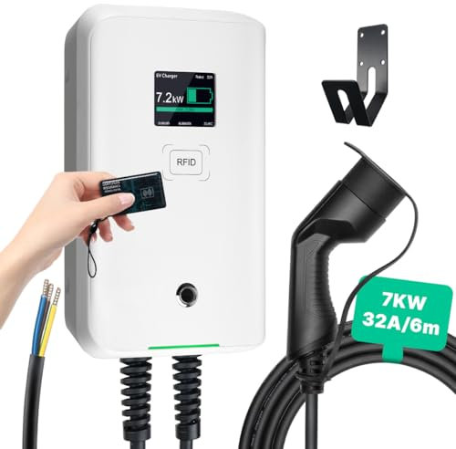 Morec Borne de Recharge pour véhicule électrique 7KW Type 2 Chargeur Mural EV pour Tous Les véhicules électriques et Hybrides Rechargeables, câble de 6m avec contrôle par Cinq Cartes RFID