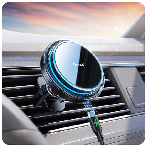 Beser 15W for MagSafe Car Mount Charger, (3.81 lbf) Magnetic Qi Wireless Car Charger, Vent and Dashboard, Phone Holder Mount for iPhone 15 14 13 12 and Samsung, Fast Charging, Aluminium Alloy, Gray