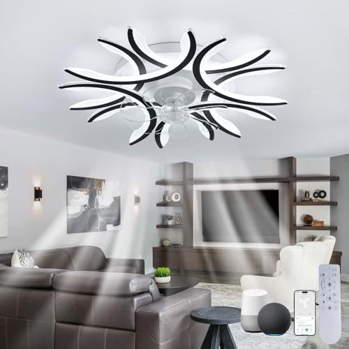 Modern Deckenlampe mit Ventilator Alexa Schlafzimmer Dimmbar LED-Deckenventilator mit Licht Fernbedienung Leise Reversibel Deckenventilatoren Mit Beleuchtung 6 Gang Groß Smart für Wohnzimmer-Black