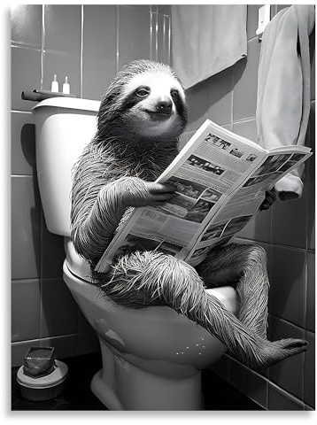 NymphFable Lustige Faultier Leinwand Bilder in der Toilette Zeitung lesen, schwarz und weiß Tier Wandposter für Badezimmer Toilette 12x16 ohne Rahmen