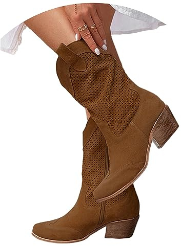 tinbarry Bottes de cowboy pour femmes en daim perforé - demi-bottes mi-longues à talons bas bottes pointues occidentales