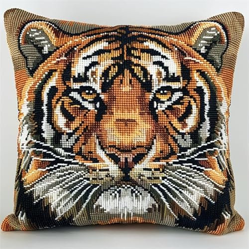 kitphoenix Knüpfen Set Erwachsene Kissen Tiger Knüpfkissen Set für Anfänger Erwachsene oder Kinder zum Selber Knüpfen, DIY Knüpfteppich Knüpfpackung, Knüpfhaken Set 43 x 43 cm
