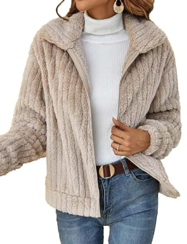 HUXRAKV Mantel Damen Herbst Winterjacke damen Warme PlüSchjacke Wintermantel ReißVerschluss Einfarbig Pelzmantel mit Taschen Revers Jacke,WD20-Aprikose 1,L