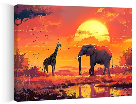 PIY PAINTING Landschaft Leinwandbild, Elefant und Giraffe Bilder Kunstdrucke auf Leinwand, Modernes Kunstwerk Tier Wanddekoration für Badezimmer Bar Büro Esszimmer Küche 40x30cm Eingebauter Holzrahmen