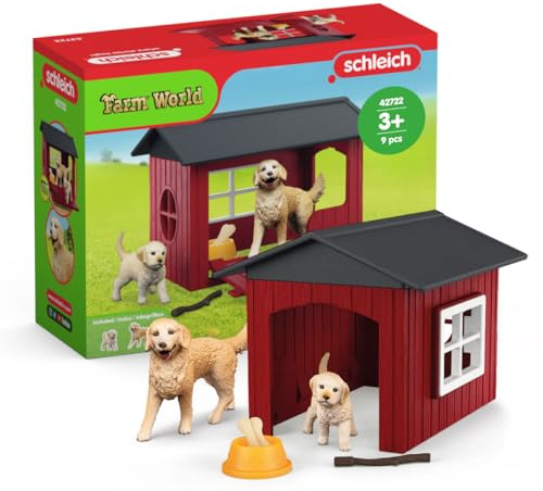 schleich Farm World | Hundehütte mit Golden Retriever und Welpen 42722 | Set inkl. Hütte, 2 Hunde & Zubehör | Geschenk für Jungen und Mädchen | Bauernhof Spielzeug ab 3 Jahren | 9 Teile