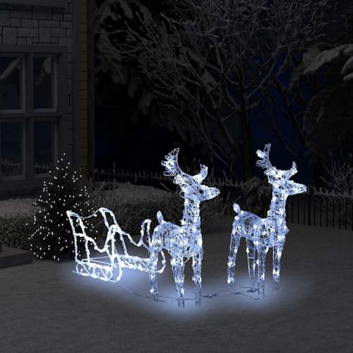 Homgoday Rentiere & Schlitten Weihnachtsdekoration Beleuchtet Weihnachtshirsch Weihnachtsfigur Weihnachtsdeko Weihnachtsbeleuchtung für Außen und Innen 160 LEDs 130 cm Acryl Kaltweiß
