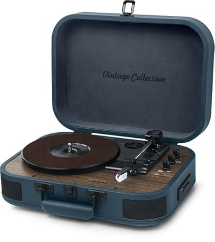 Muse MT-201 OB. Plato Estereo de 3 velocidades 33/45/78 RPM. Receptor Bluetooth. Puerto USB para reprodución y decodificación. Lector de Tarjetas SD. Entrada Auxiliar Mini-Jack. Color Azul/Madera