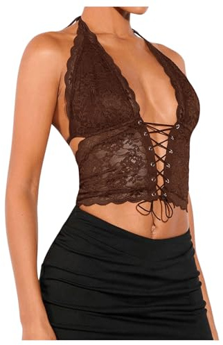 SOLY HUX Women's Sexy Lace Sheer Corset Top Halter Neck Tie Up Backless Crop Tops Party Rave Outfits Coffee Brown Medium