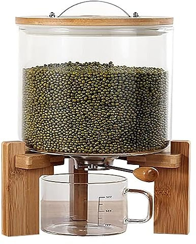 BLHKBAIKBN Glass Rice Dispenser with Wood Stand and Airtight Lid 5L Capacity Kitchen Organization and Pantry Storage Solution