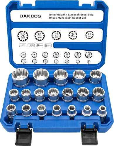 DAKCOS 1/2 Juego de 19 Llaves de Multidiente Vasos, 8-32 mm | Juego de Llaves de Vaso XZN Para Perfiles de 12 y 6 Caras, CR-V