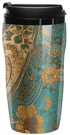 Stanley-Kaffeetasse mit Deckel, 340 ml, Kunststoffbecher, versiegelter Trinkdeckel, Wasserbecher, Teetasse, gelbes Paisley-Muster, bedruckte Tassen, passt in Auto-Becherhalter