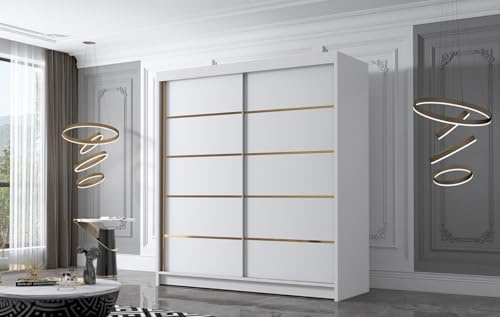 Gaba furniture Gold Series 180 cm White Sliding Door Wardrobe Widths 100/120/150/180/200/250 cm Furniture for Bedroom Living Room Wardrobe with Hanging Rail White/Black/Cashmere