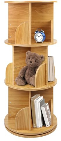 HUOLE Drehregal, 3-Ebenen-Bücherregal, für Wohnzimmer, Büro, Kinderzimmer, aus Konstruktionsholz, 40 x 40 x 97 cm, natürliche Holzfarbe