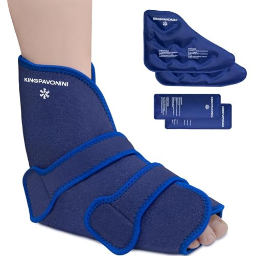 KingPavonini Poche de glace Cheville/Pied, pour entorses & récupération post-opératoire, Sacs de glace réutilisables, Pour pied blessé, fasciite & tendinite,froid/chaud thérapeutique(1 bandage+4 sacs)