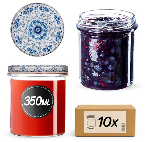 KADAX 10er Set Marmeladengläser 350ml TO82 Weiß/Blau, Einmachgläser Vorratsgläser Mason Jar mit Schraubdeckel, Luftdichte Schraubgläser, Honig & Konfitüre