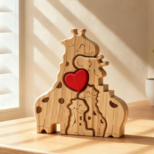 TECHEEL Personalisiertes Holzkunstpuzzle Giraffenfamilie Holzpuzzle Familienpuzzle aus Holz Giraffen Familie Kunstpuzzle aus Holz Familien Puzzle Geschenk für Familie Bürodekoration