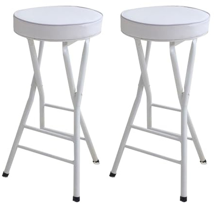 Sgabelli da bar pieghevoli bianchi senza schienale, set di 2 sedie portatili da 63 cm per cucina e tempo libero, per l'intrattenimento domestico e soluzioni salvaspazio
