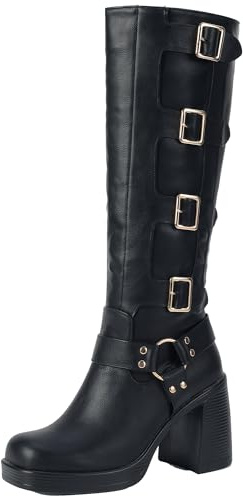 XIEPP Bottes de motard confortables pour femme avec boucle en métal et talon épais, Noir , 37 EU