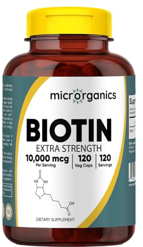MICRORGANICS Biotin 10,000 mcg Extra Strength – Supports Hair, Skin & Nail Health, and Energy Metabolism – High Potency Vitamin B7 – 120 Vegan Capsules, 120 Servings