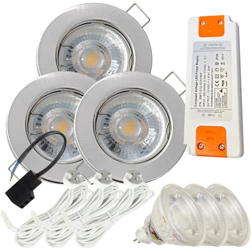 3 Stück LED Einbaustrahler Lotta 12V 5W IP20 Edelstahl gebürstet | Neutralweiß 4000K, 400lm | inkl. Trafo & MR16-Fassung mit 120cm AMP-Kabel | Für Küche und Wohnbereich | Ideal zur LED-Umrüstung