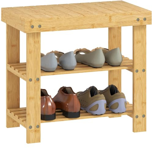 HOMCOM Bamboo Shoe Bench, 3-Tier Shoe Storage Bench, Nature Wood Finish | Slatted Shelves, for Entryway Hallway, Holds 4 Pairs