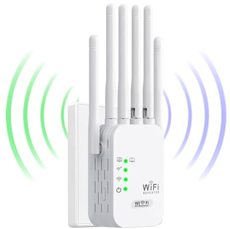 WiFi Extender Booster,WiFi Repeater,Covers Up to 10000 Sq.ft and 50 Devices,Repeater/Router/Ap Mode,WiFi Repeater with 6 Antennas 2 LAN Ports,1-Click Setup & Ethernet Port - White (M)