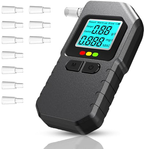 DOLLGIFT Breathalyzer & Alcohol Tester, High Precision Professional Breathalyser with LED Display Voice Notification Memory Function for Home, Car, Personal Use and Parties, 10 Mouthpieces Included
