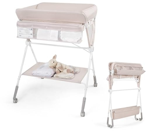 GYMAX Folding Baby Changing Table, Hight Adjustable Infant Diaper Changing Station with Wheels and Storage Basket, Portable Newborn Care Station (Beige)