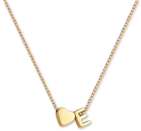 GD GOOD.designs Collar con letra E y colgante de corazón | Collar personalizado de acero inoxidable 316L chapado en oro de 18K | Collar ajustable para mujer 42–47 cm