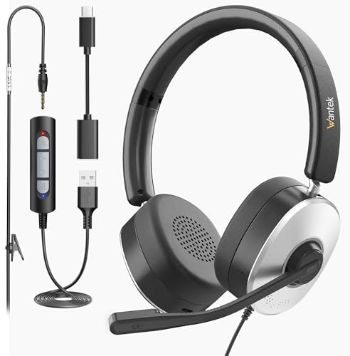 Wantek USB-headset med mikrofon för PC bärbar dator, typ C-USB 3,5 mm jacka, 3-i-1-hörlurar med brusreducering och volymkontroll för Callcenter, Skype, Zoom, hemmakontor, onlinekurser