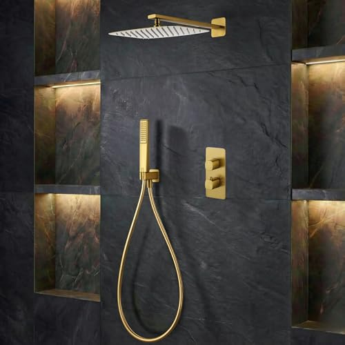 IMEX - Ducha Empotrada Termostática Dorada | Conjunto Empotrado de Grifería con Alcachofa y Rociador Antical Efecto Lluvia | Ducha Empotrada con Grifo en Latón y Acero Inox S.304 | Serie Toscana