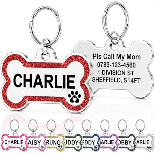 Dog Tags for Pets Engraved UK Prime, Personalised ID Tags for Dogs with Any Name & Text, Dog Glitter Bone Tag Custom Stainless Steel, Dog Name Tag for Puppy Pet Dogs (Red Bone, L)